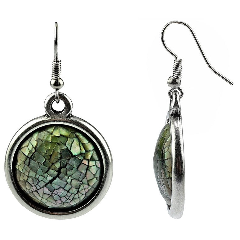 Parelmoeren oorbellen van groen blauw parelmoer en sterling zilver 925 voor en zijaanzicht| Blacklip Mozaik