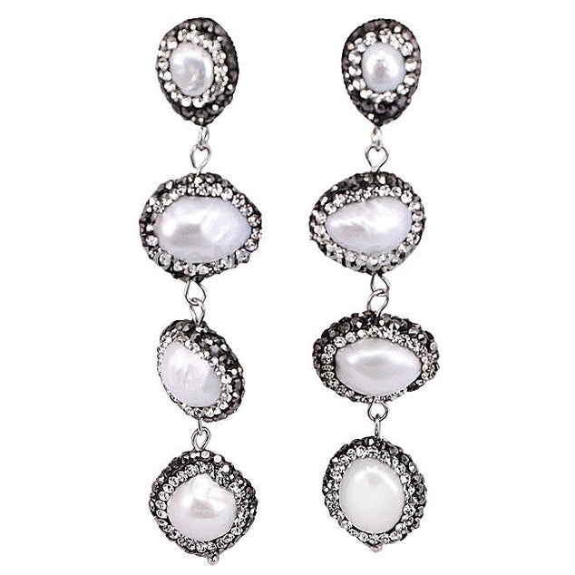 Lange witte zoetwater parel oorbellen met stras steentjes | Bright Four Pearls