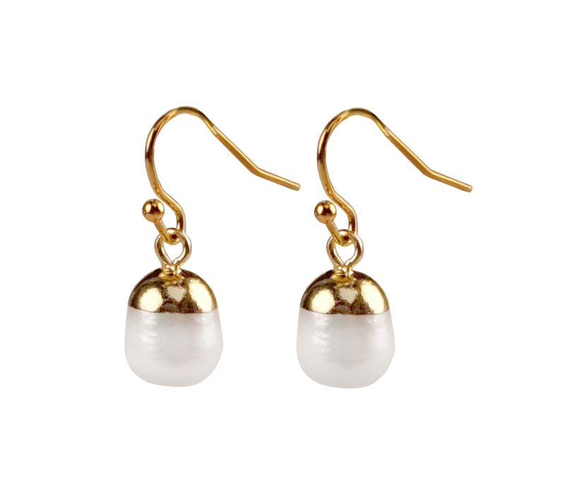 Witte zoetwater parel oorbellen met goud edelstaal en parel hanger | set Gold Dip White Pearl