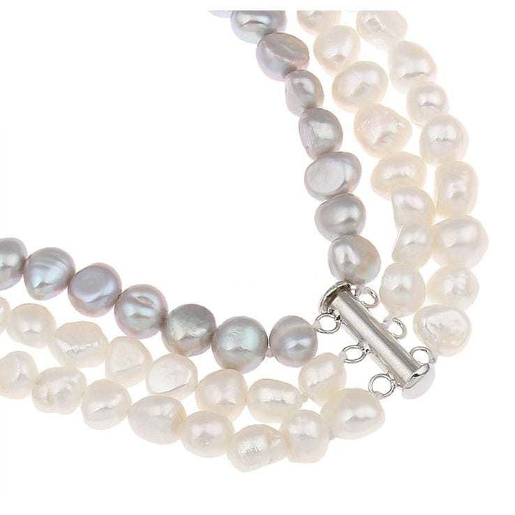 Slotje van zoetwater parelketting met witte en grijze parels in 3 rijen | Three Double Pearl White Grey