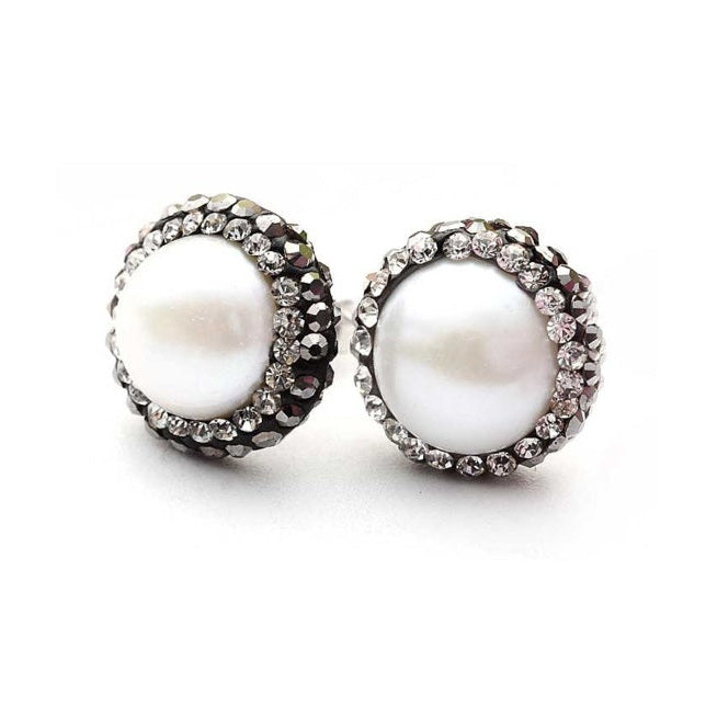Zoetwater parel oorknopjes met witte parels, stras steentjes en sterling zilver (925), voorkant | Bright Pearl Small
