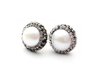 Zoetwater parel oorknopjes met witte parels, stras steentjes en sterling zilver (925), voorkant | Bright Pearl Small