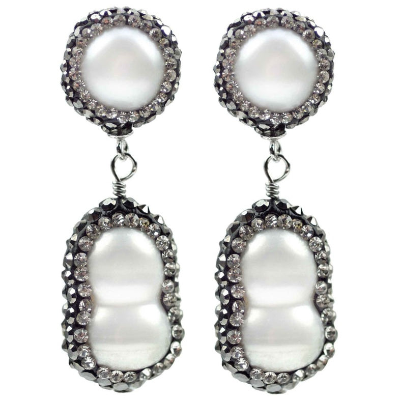 Zoetwater parel oorbellen met witte parels, stras steentjes en sterling zilver (925), vooraanzicht | Double Bling Peanut Pearl