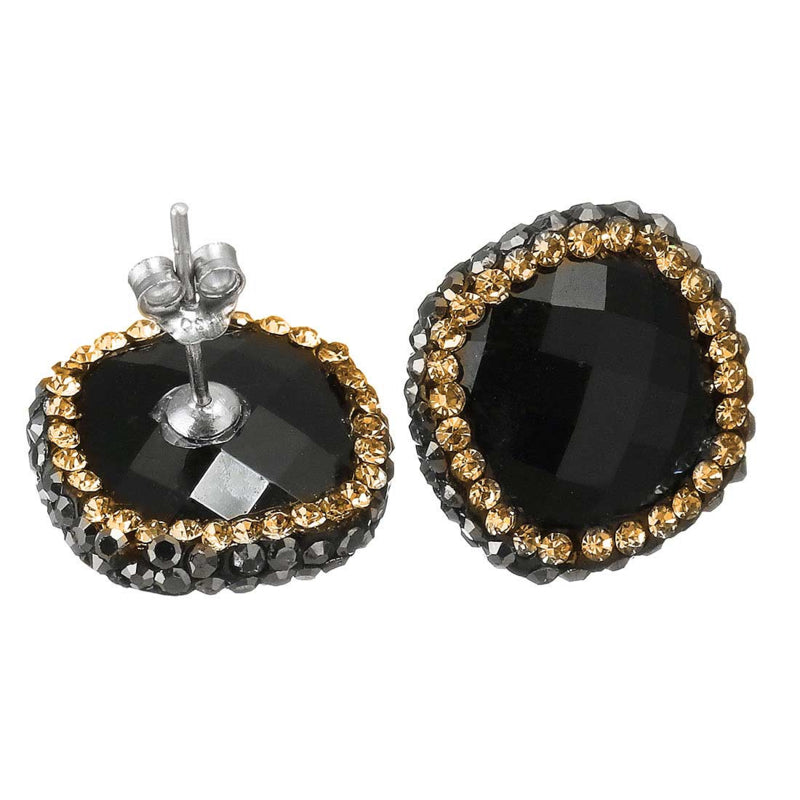 Zwarte edelstenen oorbellen met agaat , gouden stras steentjes en sterling zilver (925) voor en achterzijde | Bright Black Agate Gold Square