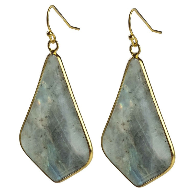 Grote edelstenen oorbellen met labradoriet en goud edelstaal zijaanzicht | Labradorite Gold Flyer