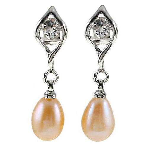 Zalm kleurige zoetwater parel oorbellen met stras steentje vooraanzicht | oorstekers Leza