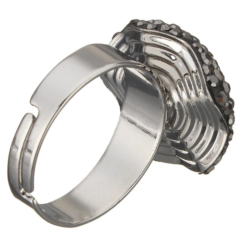 Witte zoetwater parel ring met zwarte stras steentjes, aanpasbare parel ring, onderkant parel ring | Bright Pearl Big