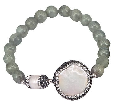 Wit zoetwater parel armband met labradoriet en stras steentjes, elastisch | Bright Labradorite Coin Pearl