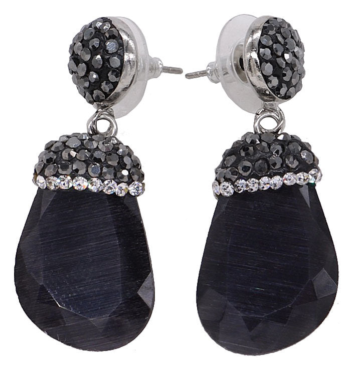 Zwarte edelstenen oorbellen met kattenoog en stras steentjes | Bright Black Cat&