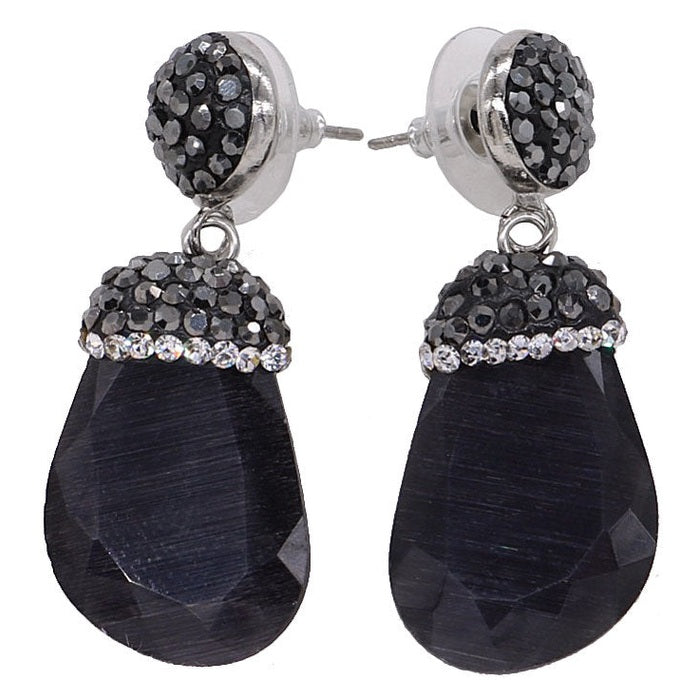 Zwarte edelstenen oorbellen met kattenoog en stras steentjes | Bright Black Cat&