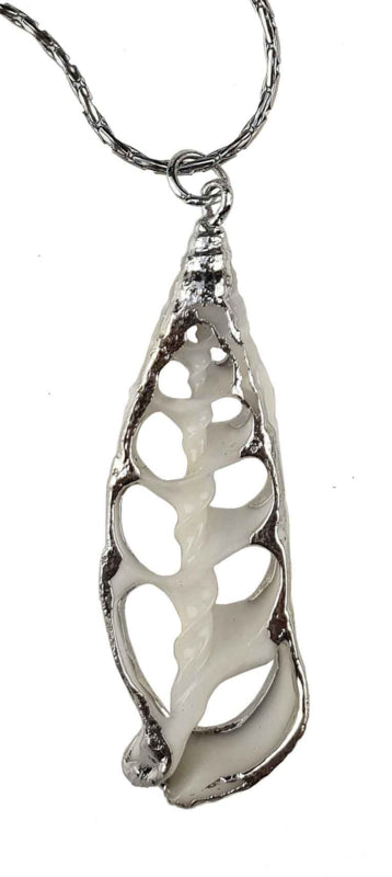 Detail van schelpen ketting met witte schelp hanger en zilver edelstaal | White Trumpet Shell Silver