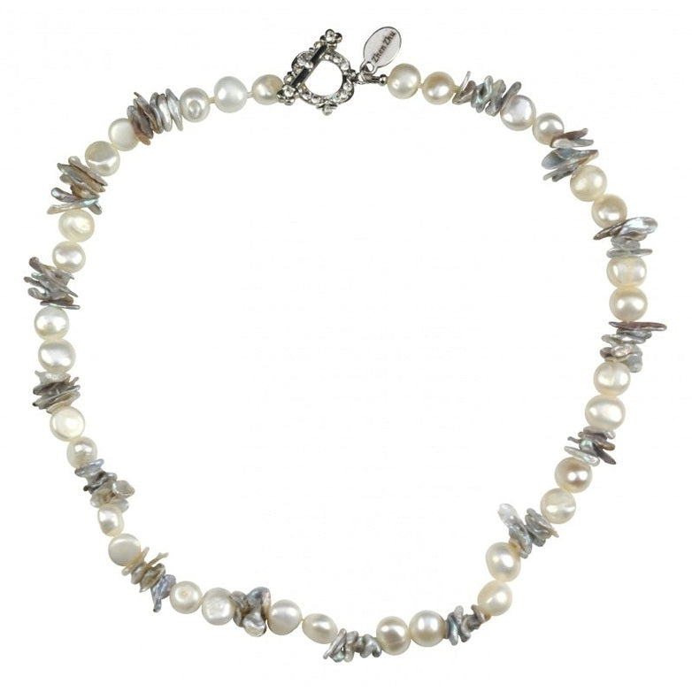 Zoetwater parelketting met witte en grijze parels en zilveren slotje met stras steentjes | Pearl Grey Chip