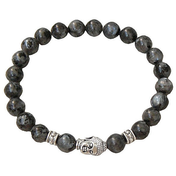 Edelstenen armband met zwarte edelstenen en een Boeddha hoofd | Elastisch | Buddha Larvikite