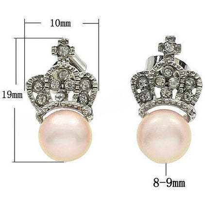 Zoetwater parel oorbellen met zalm kleurige parels en kroontje met stras steentjes, maatindicatie | King’s Pearl Z