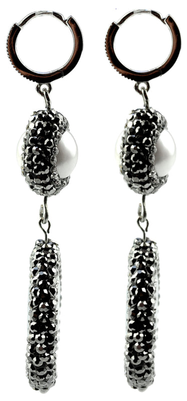 Witte zoetwater parel oorringen met stras steentjes en blauwe jade, zijkant | Bright Pearl Blue Jade Silver