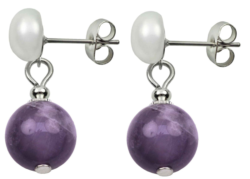 Zoetwater parel oorbellen met witte parel en amethist zijaanzicht | Pearl Stud Amethyst
