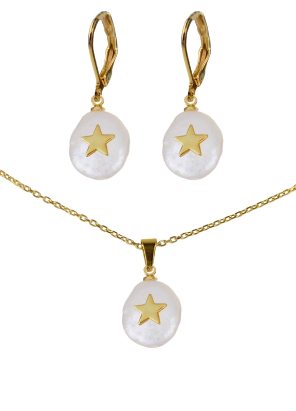 Zoetwater parel set bestaande uit een parelketting en parel oorbellen met goud edelstaal en hanger met gouden ster | set Coin Pearl Golden Star