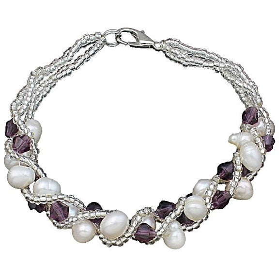 Wit zoetwater parel armband met paars facet geslepen kristallen | Pearl Crystal Purple