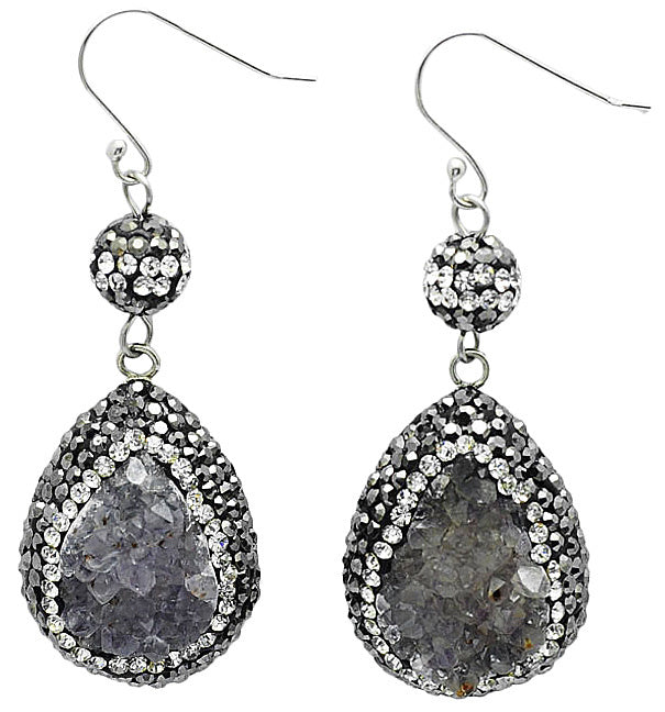 Edelstenen oorbellen met druzy agaat en sterling zilver (925) | Bright Grey Crystal Agate Small
