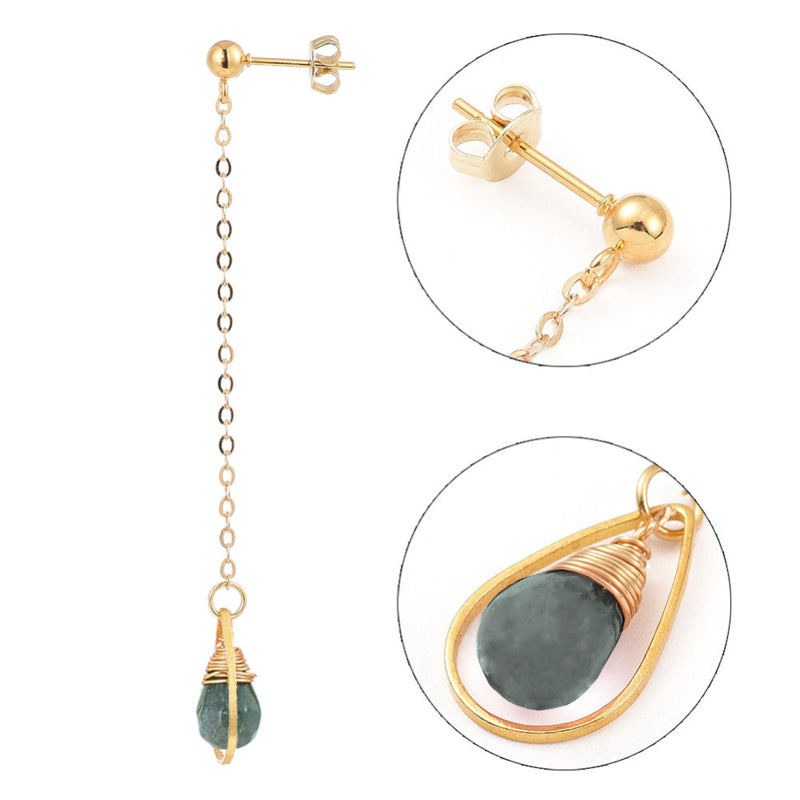 Lange groen edelstenen oorbellen met agaat en goud edelstaal met details | Dangling Long Indian Agate