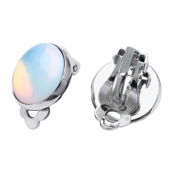 Licht blauwe edelstenen clips oorbellen met opaal voor en achteraanzicht | Sea Opal Clips