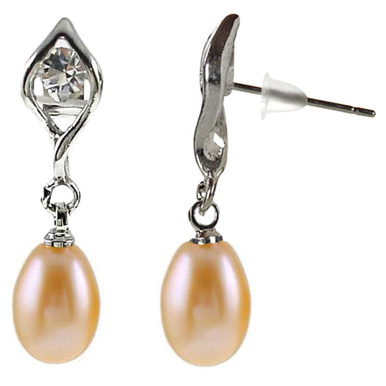 Zalm kleurige zoetwater parel oorbellen met stras steentje voor- en zijaanzicht | oorstekers Leza