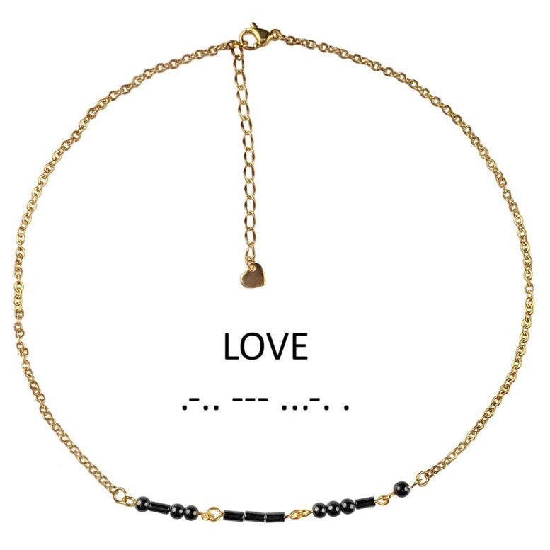 Zwarte edelstenen ketting met goud edelstaal en hematiet stenen die het woord LOVE in morse code weer geeft | Morse Code Love Black Hematite Gold