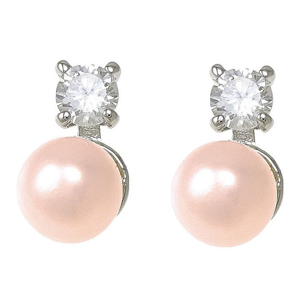 Zoetwater parel oorbellen met zalm roze parel en stras steen, vooraanzicht | Bling Ann Pe