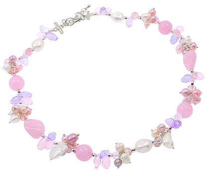 Zoetwater parelketting met witte, zalm en roze parels en roze edelsteen rozenkwarts | Lovely