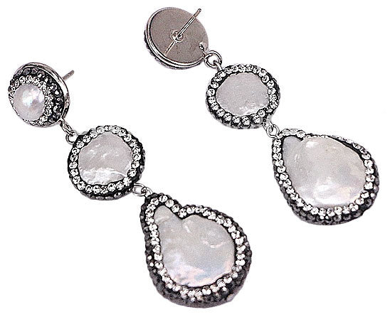 Lange zoetwater parel oorbellen met witte parels en stras steentjes, achterzijde | Bright 3 Pearl