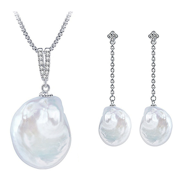 Zoetwater parel set bestaande uit een parelketting en parel oorbellen met witte coin parels en sterling zilver (925) | set Bling Dangling Coin Pearl