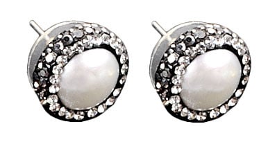 Witte zoetwater parel oorknoppen met stars steentjes, zijaanzicht | Bright Pearl