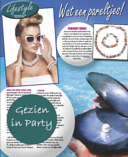 Zoetwater parelketting met vrolijk gekleurde parels en magneetslotje gezien in tijdschrift Party | Bonica