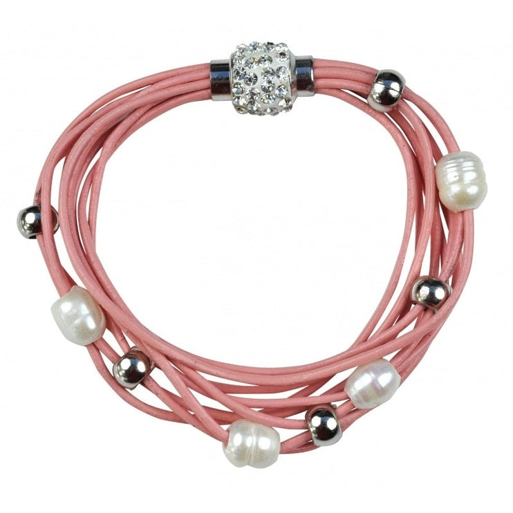 Wit zoetwater parel armband met roze leer en stras steentjes | Bling Pearl Pink