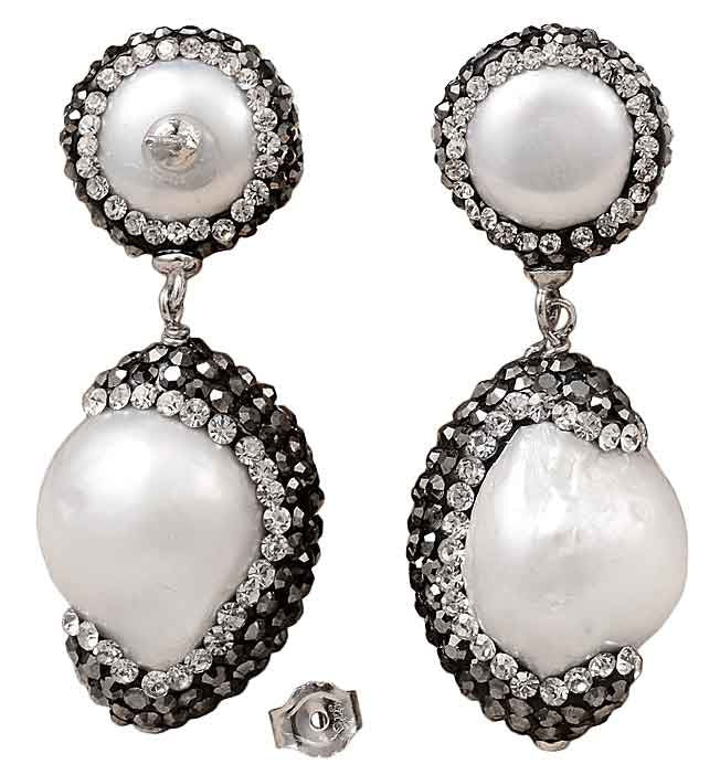 Zoetwater parel oorbellen met stras steentjes, achterzijde | Double Bling Baroque Pearl