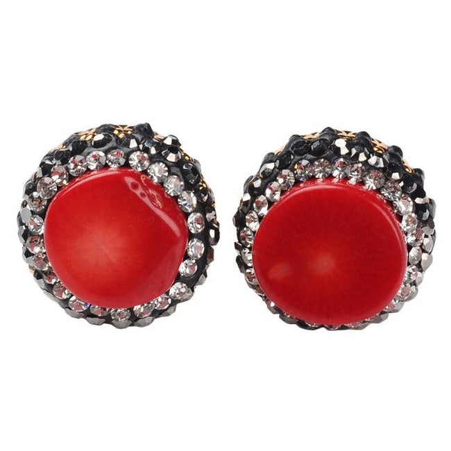 Koralen oorknoppen met rood koraal en stras steentjes vooraanzicht | Bright Coral Stud