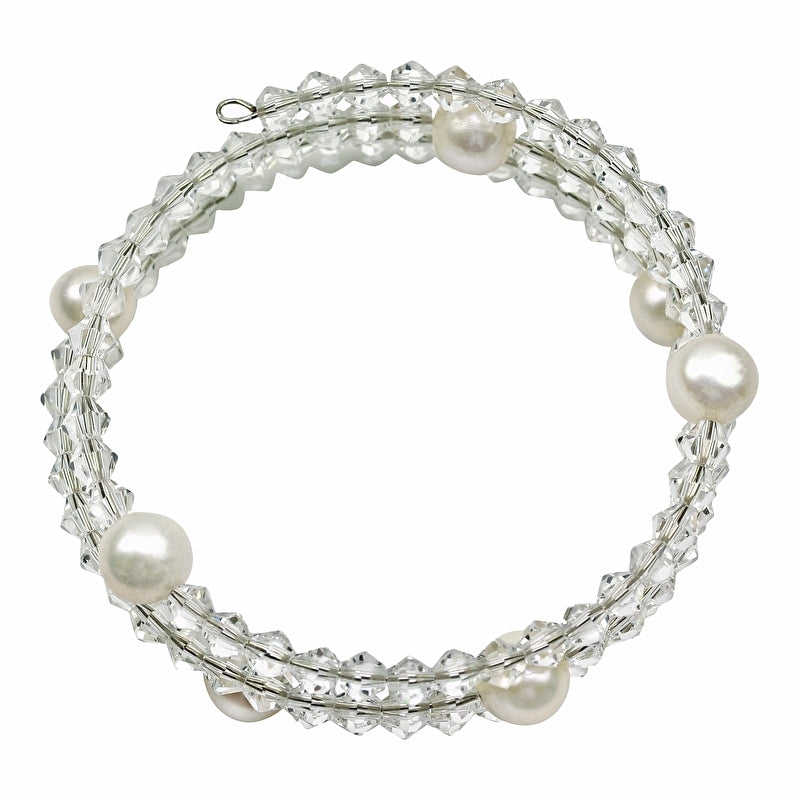 Wit zoetwater parel wikkelarmband met heldere kristallen, bovenaanzicht | Pearl W AB Crystal