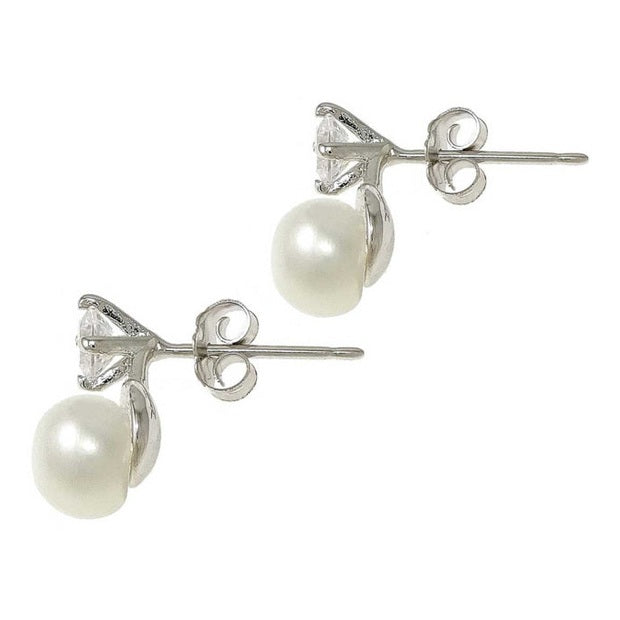 Witte zoetwater parel oorbellen met parel en stras steentje, witte parel oorknopjes met stras steentje, zijaanzicht | Bling Ann W