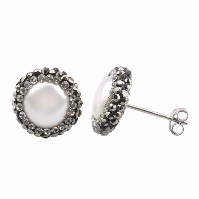 Zoetwater parel oorknopjes met witte parels, stras steentjes en sterling zilver (925) | Bright Pearl Small