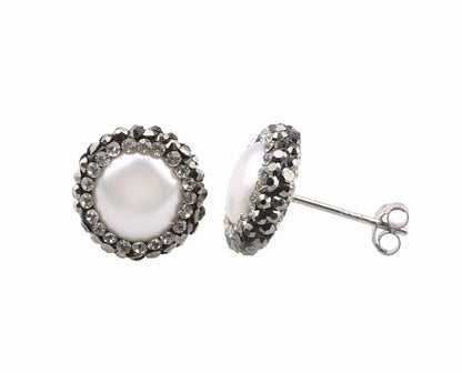 Zoetwater parel oorknopjes met witte parels, stras steentjes en sterling zilver (925) | Bright Pearl Small