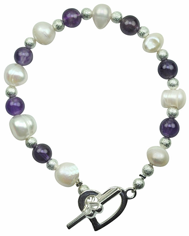Wit zoetwater parel armband met paarse amethist en hartjes slotje | Pearl Heart Amethyst