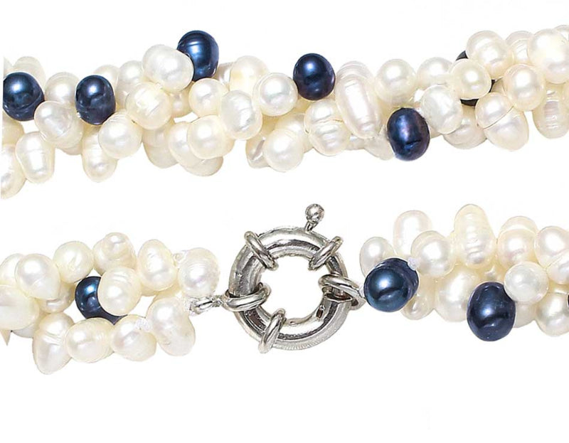 Slotje van zoetwater parelketting met witte en zwart blauwe parels in 3 strengen | Amira
