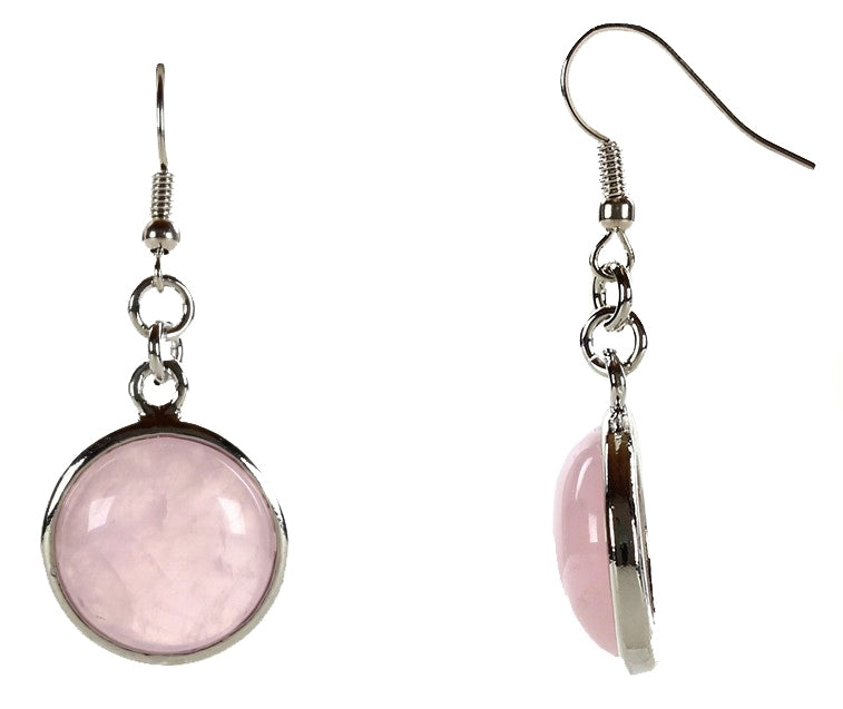 Roze edelstenen oorbellen met rozenkwarts en sterling zilveren oorbelhaakjes, voor- en zijaanzicht, rozenkwarts oorhangers