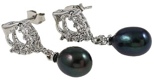 Zwarte zoetwater parel oorbellen met stras steentjes, liggend | Bling Pearl Heart B