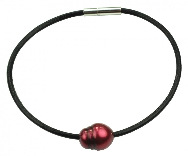 Rood zoetwater parel armband met zwart leer | Black Leather Pearl Red