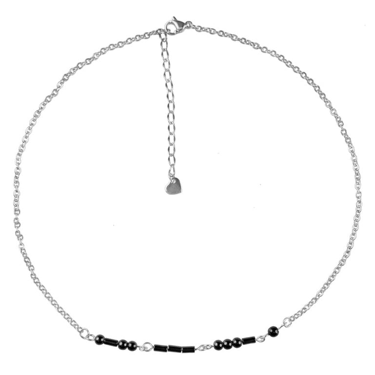 Zwarte edelstenen ketting met zilver edelstaal en hematiet stenen die het woord LOVE in morse code weer geeft | Morse Code Love Black Hematite Silver