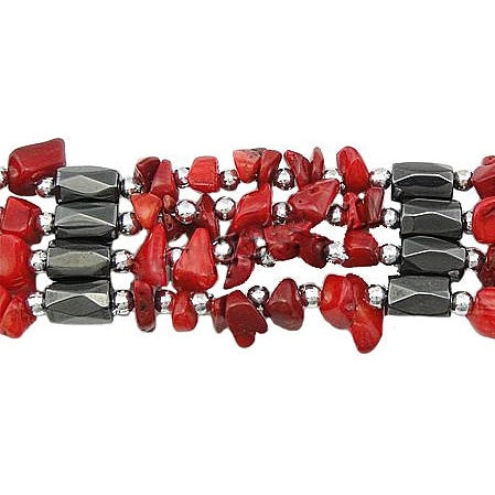 Detail van rood koralen armband met zwarte magnetiet | Wrap Magnetite Coral