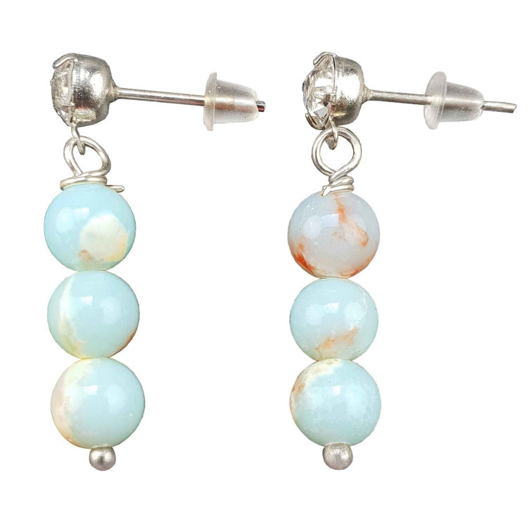 Licht blauwe edelstenen oorknopjes met shoushan en stras steentjes zijaanzicht | Shoushan Bling