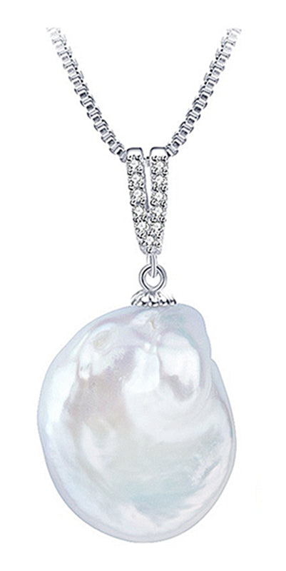 Witte Zoetwater parelketting met met parel hanger met stras steentjes en sterling zilver (925) | Bling Dangling Coin Pearl
