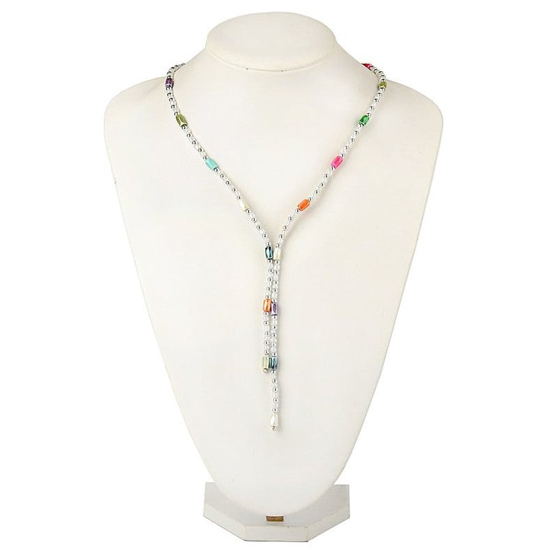 Lange edelstenen ketting met magnetiet op buste | Color White Magnetite Wrap